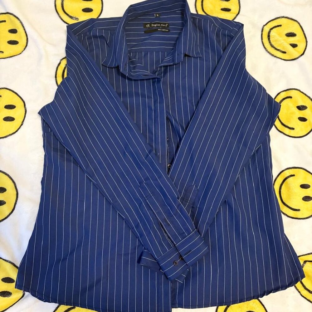 Women’s Button-Down Shirt – Large – English Navy with White Pinstripes
